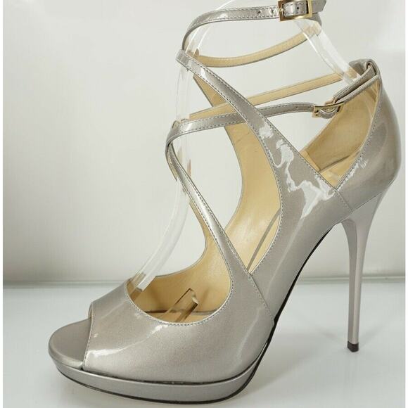 Jimmy Choo Beige Metallic Patent Atlas Strappy Platform Sandals - Picture 2 of 10